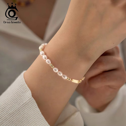 Gold Link Bracelet with Floating Pearl Charms